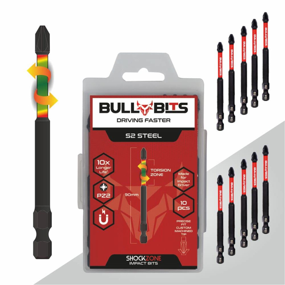 10 X Bull Bits 90Mm Pz2 Impact Screwdriver Drill Driver Bits Set Compatible With Dewalt Milwaukee Bosch Makita And More 5065013312026