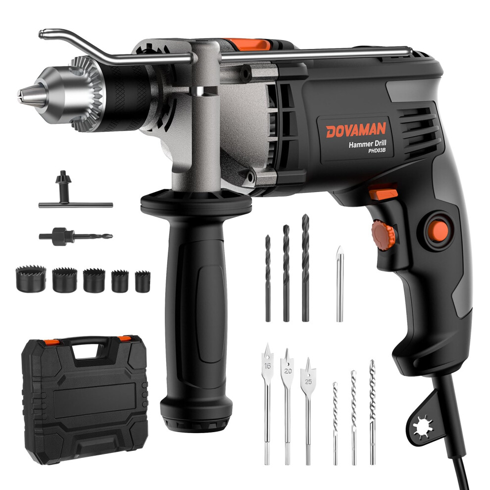 Dovaman Electric Hammer Drill, 850W Corded Impact Drill 0-3000Rpm, 13Mm Metal Chuck, Powerful Variable Speed For Precision Drilling In Steel, Concrete 797725853317