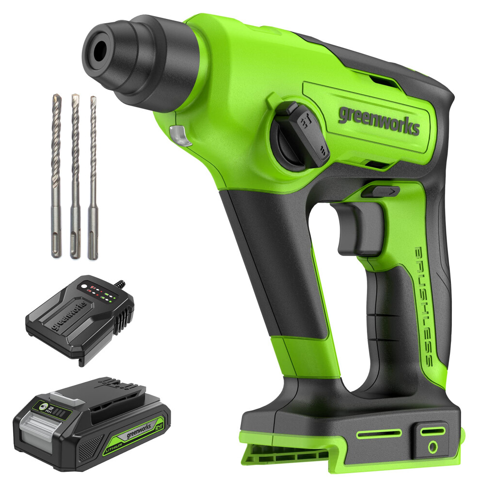Greenworks 24V Brushless Rotary Hammer Drill Cordless SDS-Plus Heavy Duty 4-Mode Selector Anti-Vibration Handle Built-in LED Light Impact Energy 1.2