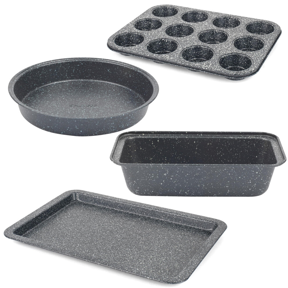 Salter COMBO-9140 Megastone Cake Tin Set ? 4 Piece Bakeware with Baking Tray, Round Cake Pan, Loaf Tin, 12-Cup Muffin Pan, Non-Stick Coating, Carbon