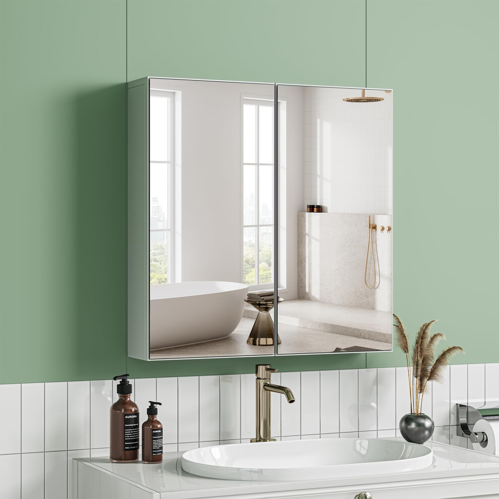 Dripex Bathroom Mirror Cabinet Double Door, Wall Mounted Storage Cupboard, Mirror Cabinet for Bathroom with Adjustable Shelf, White, 60 x 60 x 12cm