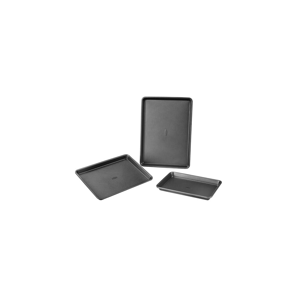VEVOR Baking Pans Set, 3-Piece, Nonstick Carbon Steel Cookware Sheets & Trays, Stackable Kitchen Oven Bakeware Cooking Sets with Silicone Handles,