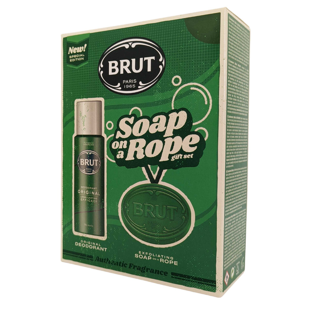 Brut Gift Set 200ml Deodorant Spray & 150g Soap On a Rope