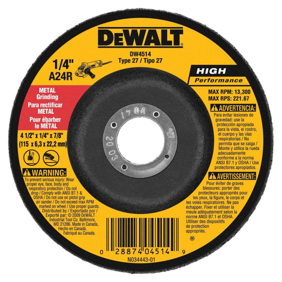 DEWALT DW4514 1/4 Thick Grinding Wheel with 4-1/2 Diameter and 7/8 Arbor