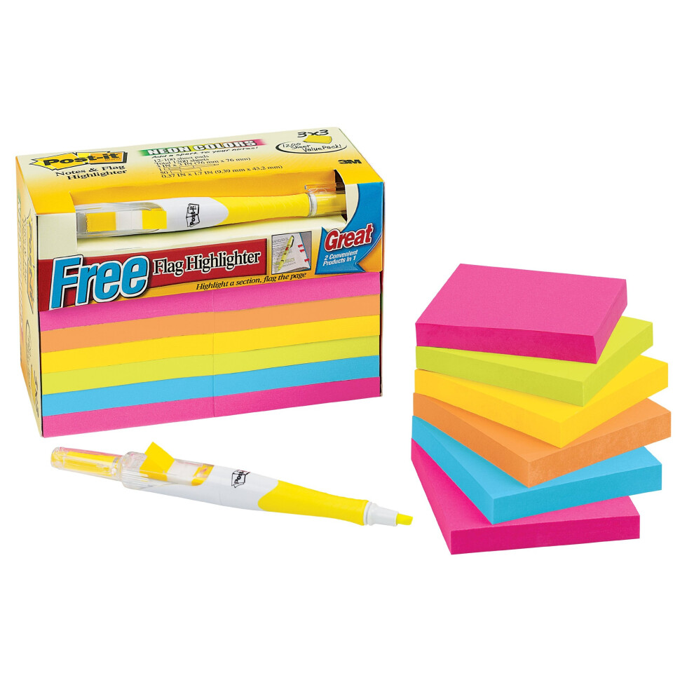 Post-it Notes Value Pack with Free Flag Highlighter  3 x 3-Inches  Assorted Neon Colors  12-Pads/Pack-image-OPC-PFNDRMB-NEW