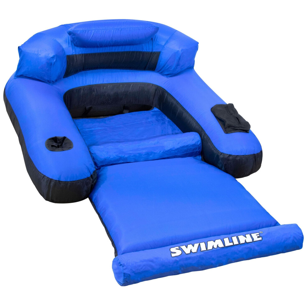 Matelas flottant de piscine SWIMLINE ORIGINAL recouvert de tissu, chaise longue ultime pour adultes et enfants | Repose-jambes et accoudoirs, porte-go