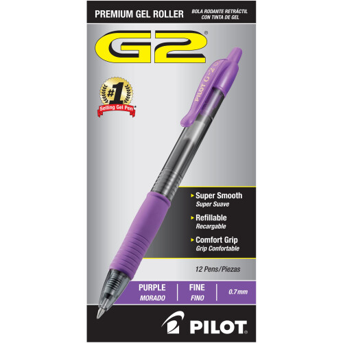 Pilot Pilot, G2 Premium Gel Roller Πένες, Λεπτή Μύτη 0.7 mm, Μωβ, Συσκευασία 12
