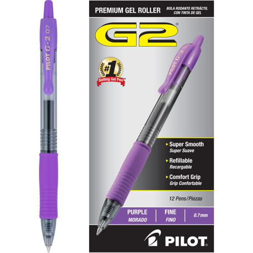 Pilot Pilot, G2 Premium Gel Roller Πένες, Λεπτή Μύτη 0.7 mm, Μωβ, Συσκευασία 12 1