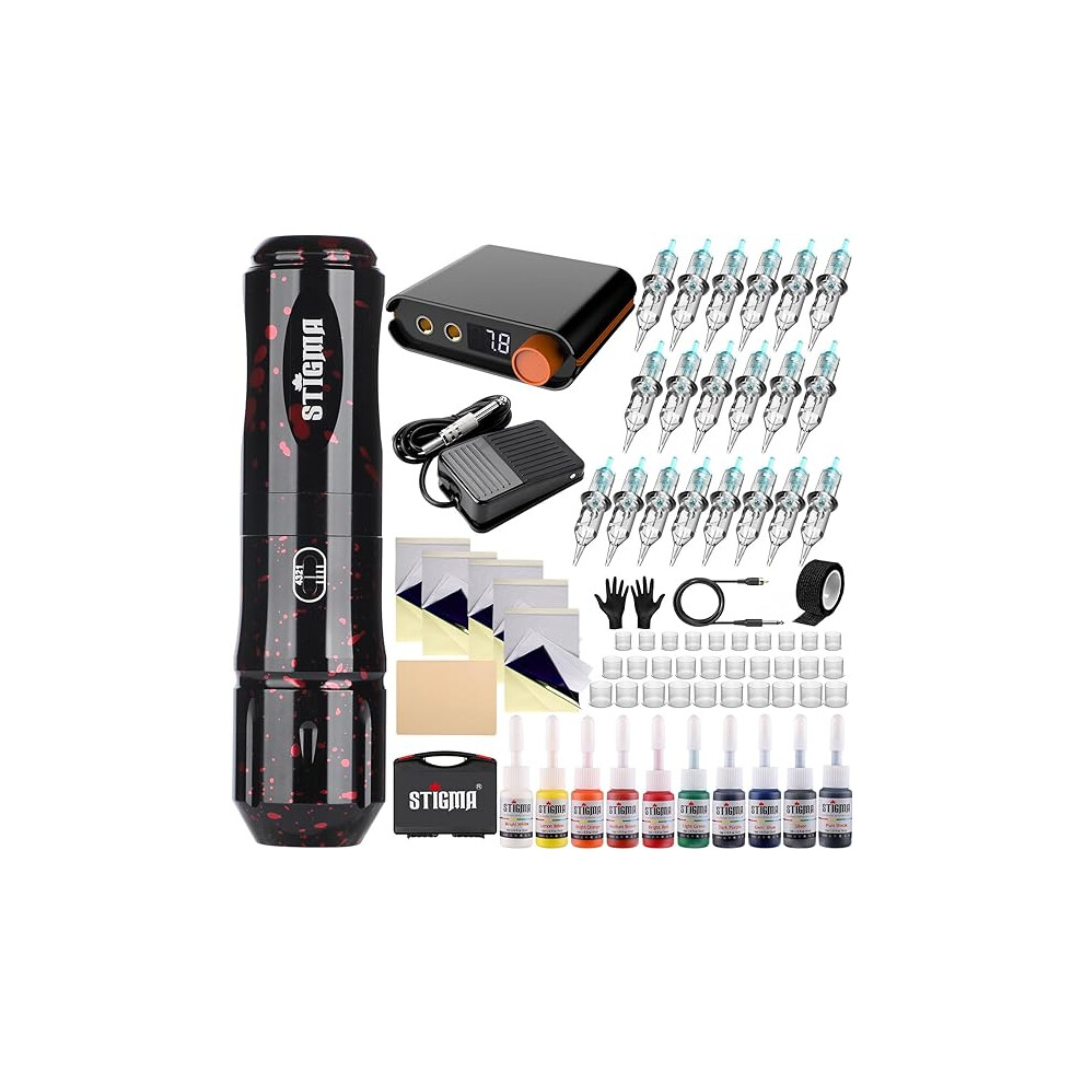 Stigma Tattoo Rotary Machine Kit Complete Tattoo Pen With 20Pcs Cartridges Needles Digital Display Power Supply Tattoo Kit