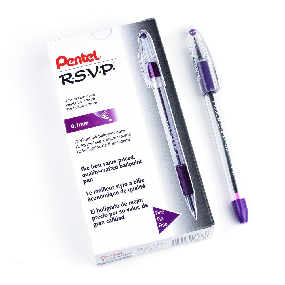 Pentel BK90V R.S.V.P. Stick Ballpoint Pen  .7mm  Trans Barrel  Violet Ink (Pack of 12)