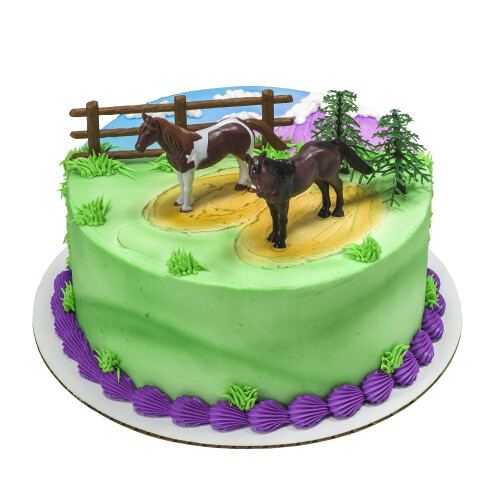 DecoSet Topper de Bolo Cavalos, Conjunto de 5 Peças com 2 Cavalos, Cerca e Árvores 2