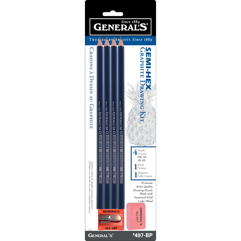 General Pencil 497BP Semi-Hex Graphite Drawing Pencils 4/Pkg-HB  2B  4B  & 6B  HB 2B 4B & 6B-image-OPC-PFY589Y-NEW