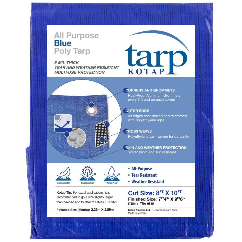 Kotap 8 x 10 Ft. All-Purpose Multi-Use Protection/Coverage 5-mil Poly Tarp  Waterproof  Blue  1-Pack (TRA-0810)-image-OPC-PFSVQDN-NEW