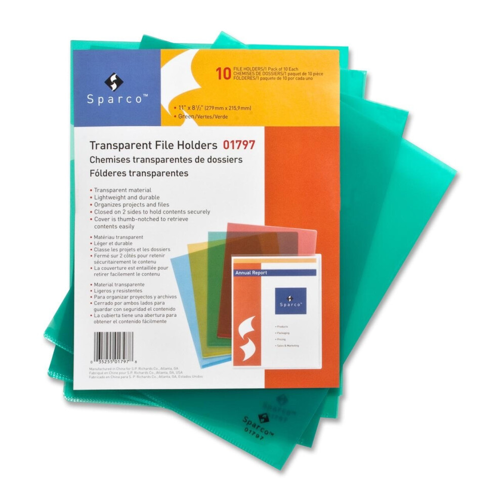 Sparco - Transparent File Holders,Water Resistant,11"X8-1/2",10/Pk,Gn, Sold As 1 Package, SPR01797-image