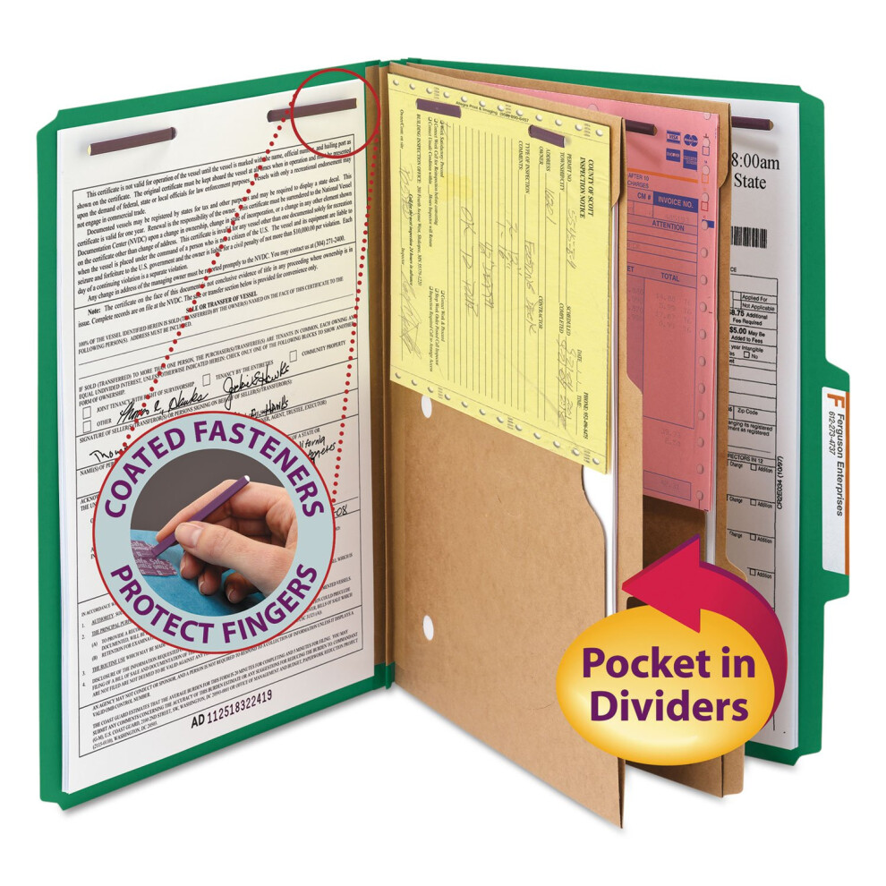 Photos - File Folder / Lever Arch File Smead Pressboard Classification File Folder with SafeSHIELD Fasteners 2 Pocket Dividers 2 Expansion Legal Size Green 10 per 