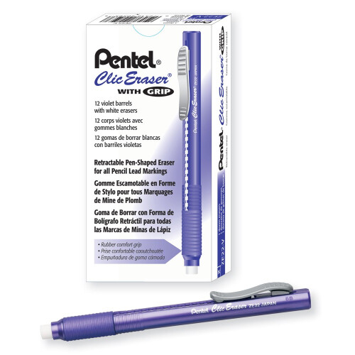 Pentel Pentel ZE22V, Μολύβι Γόμα Grip, Ανακλινόμενη Γόμα, Μωβ Κύλινδρος, Συσκευασία 12
