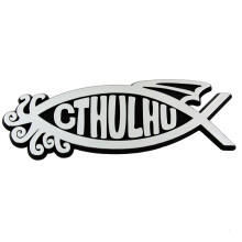 Emblema auto Cthulhu Fish - Plastic argintiu, 5 1/4 in x 2 in, Exprimă-ți umorul, fandom-ul sau cauza ta pe mașina ta