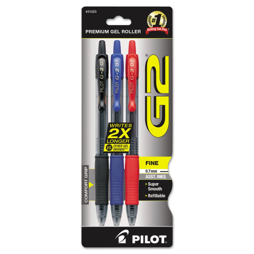 Pilot Pilot 31023 G2 Premium Retractable Gel Ink Pen  Refillable  Assorted Ink  .7mm  3/Pack