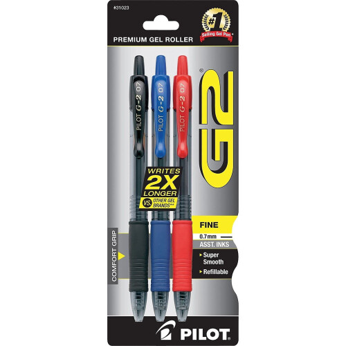 Pilot Pilot 31023 G2 Premium Retractable Gel Ink Pen  Refillable  Assorted Ink  .7mm  3/Pack 2