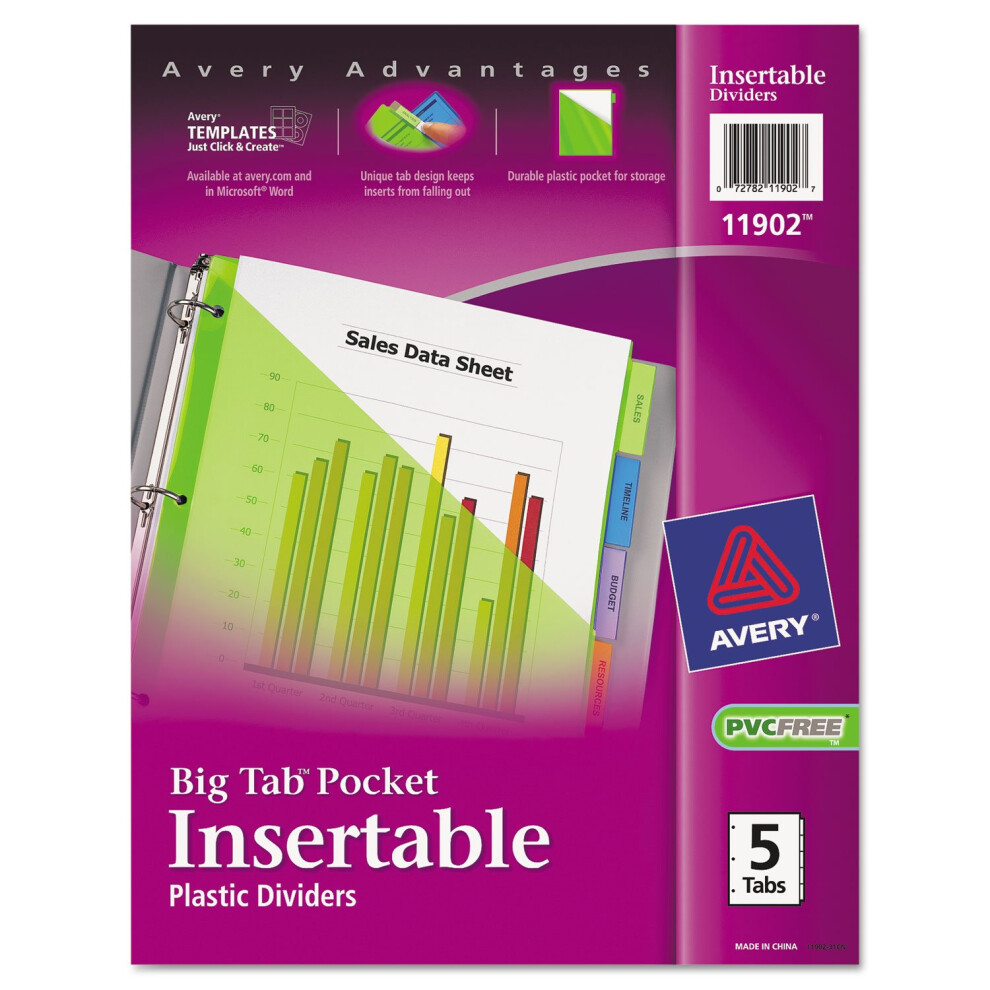 Avery 11902 Pocket Insertable Dividers  Plastic  5-Tab  Multi-Color-image-OPC-PFY5C57-NEW