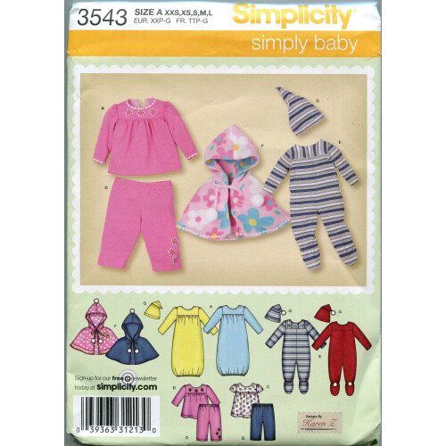 Simplicity Pattern 3543 Βρεφικό Σετ Ρούχων και Κάπα, Μέγεθος A (XXS, XS, Sm, Med, Lg)