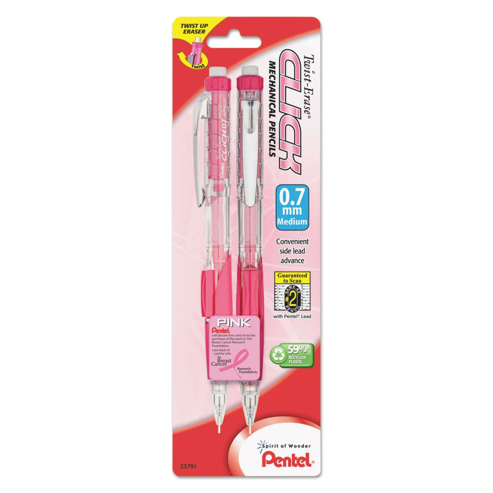 Pentel Pd277tbp2pbc Ribbon Twist-Erase Click Mechanical Pencil 0.7 Mm 2/Pack Pink