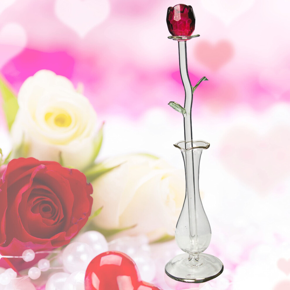 Rose rouge en cristal avec vase     bourgeons - Je t'aime - Mari, femme, petite amie, petit ami, f   te des m   res, Saint-Valentin 8"" H