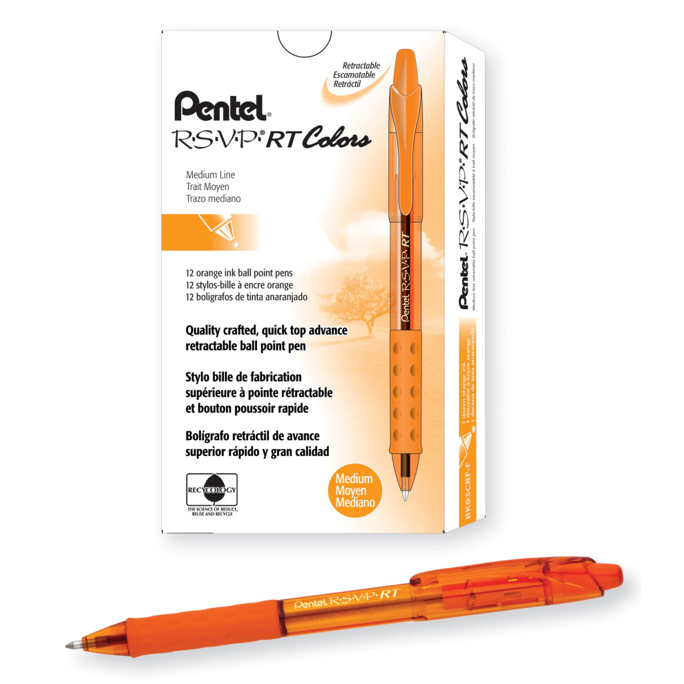 Pentel Rsvp Rt Colors Retractable Ballpoint Pen (1.0Mm) Medium Line Barrel Orange Ink Box Of 12 (Bk93crf-F)