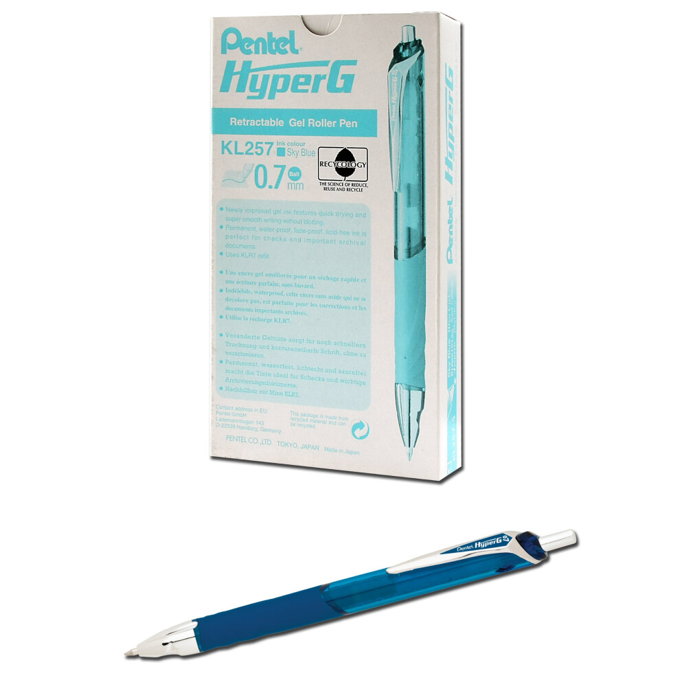 Pentel Hyper G Retractable Gel Roller Pen  Medium Line  Permanent Sky
