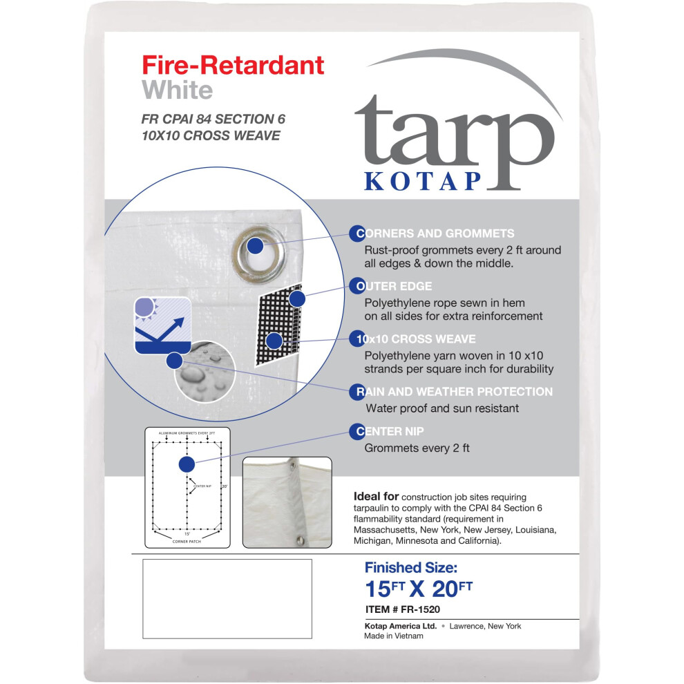 Kotap FR-1520 Fire-Retardant Tarp for Construction Job Sites Requiring Tarpaulin 15 x 20-Foot White-image-OPC-PFY5NND-NEW