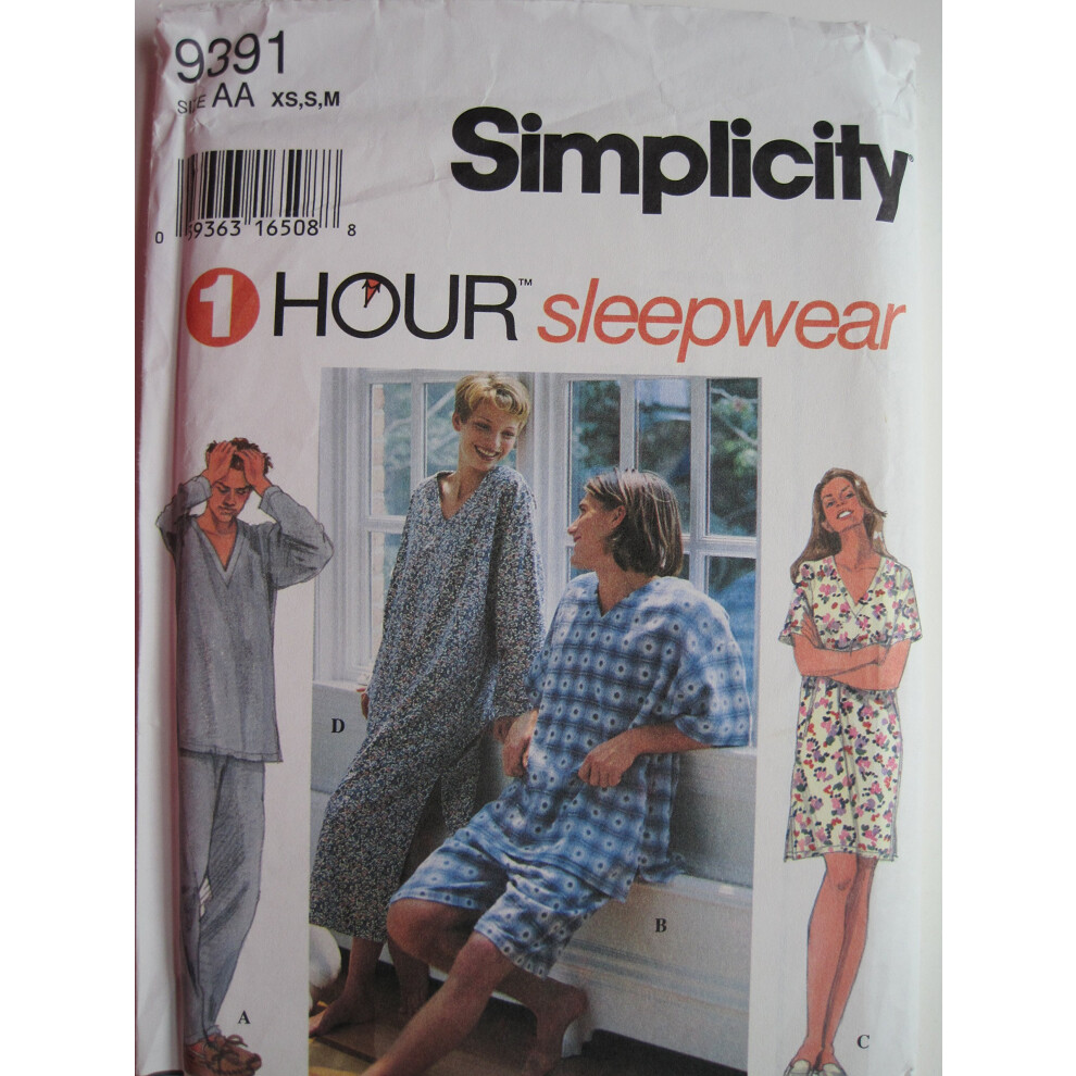 Patron Simplicity 9391 V   tements de nuit pour hommes et adolescents, taille AA (XS-SM)