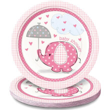 Unique Baby Shower Elephant Round Dinner Paper Plates 9"" Pink