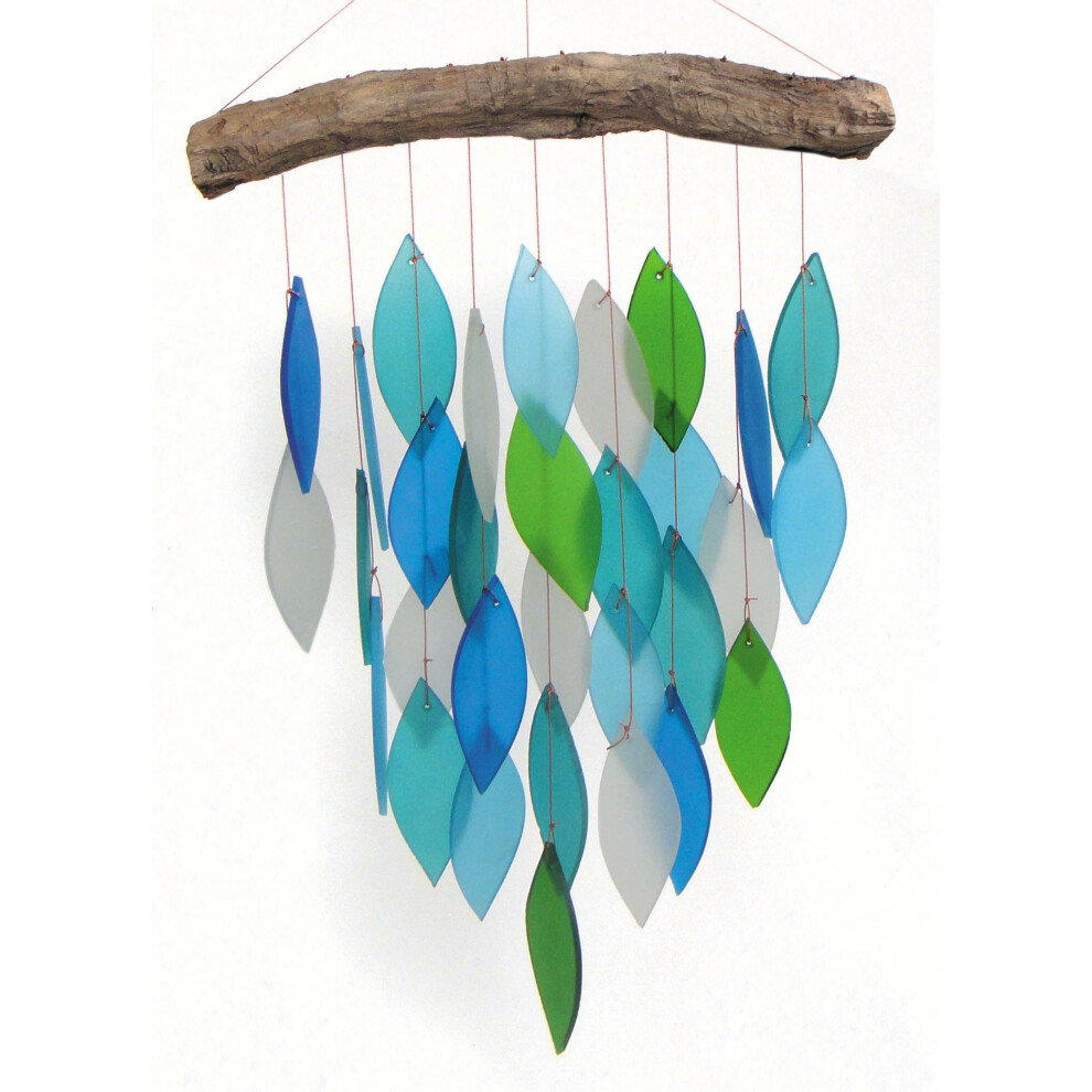 Gift Essentials Blue Handworks Ocean Waterfall Glass And Driftwood Chime, Sandblasted Glass And Found Wood Handcrafted Wind Chime