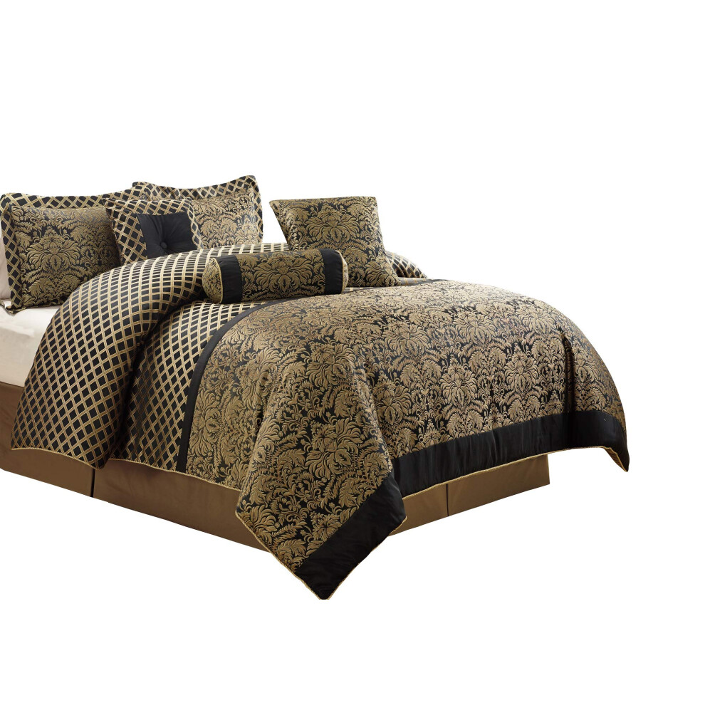 Ensemble de couette florale en jacquard 7 pi   ces de la collection Chezmoi Lisbon pour grand lit, noir/or
