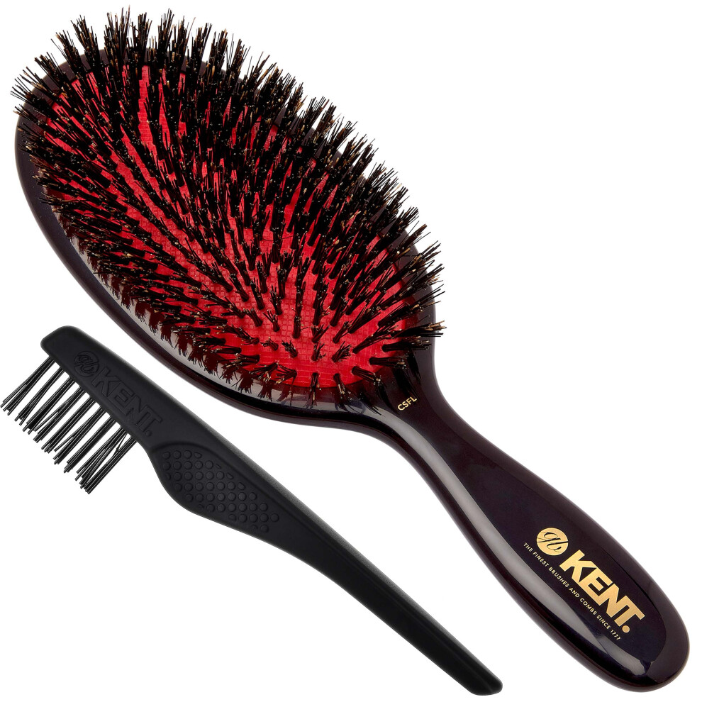Kent CSFL Classic Shine Large Oval Cushion Straightening Brush and Hair Detangler - Natural Black Boar Bristle Hair Brush - Shine Hair Brush and Scalp