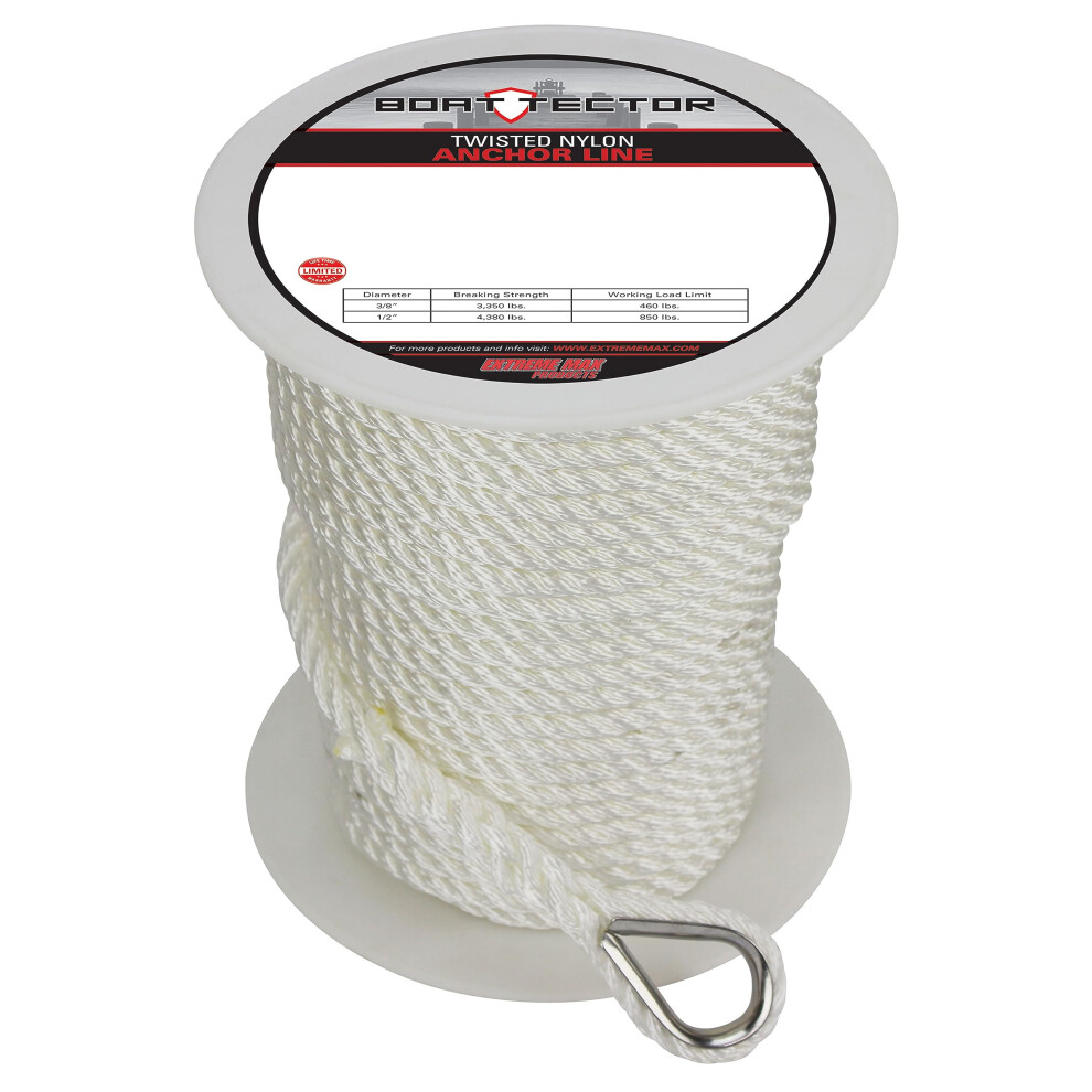 Extreme Max 30062294 Boattector Twisted Nylon Anchor Line With Thimble 38 X 150 White 814166020440