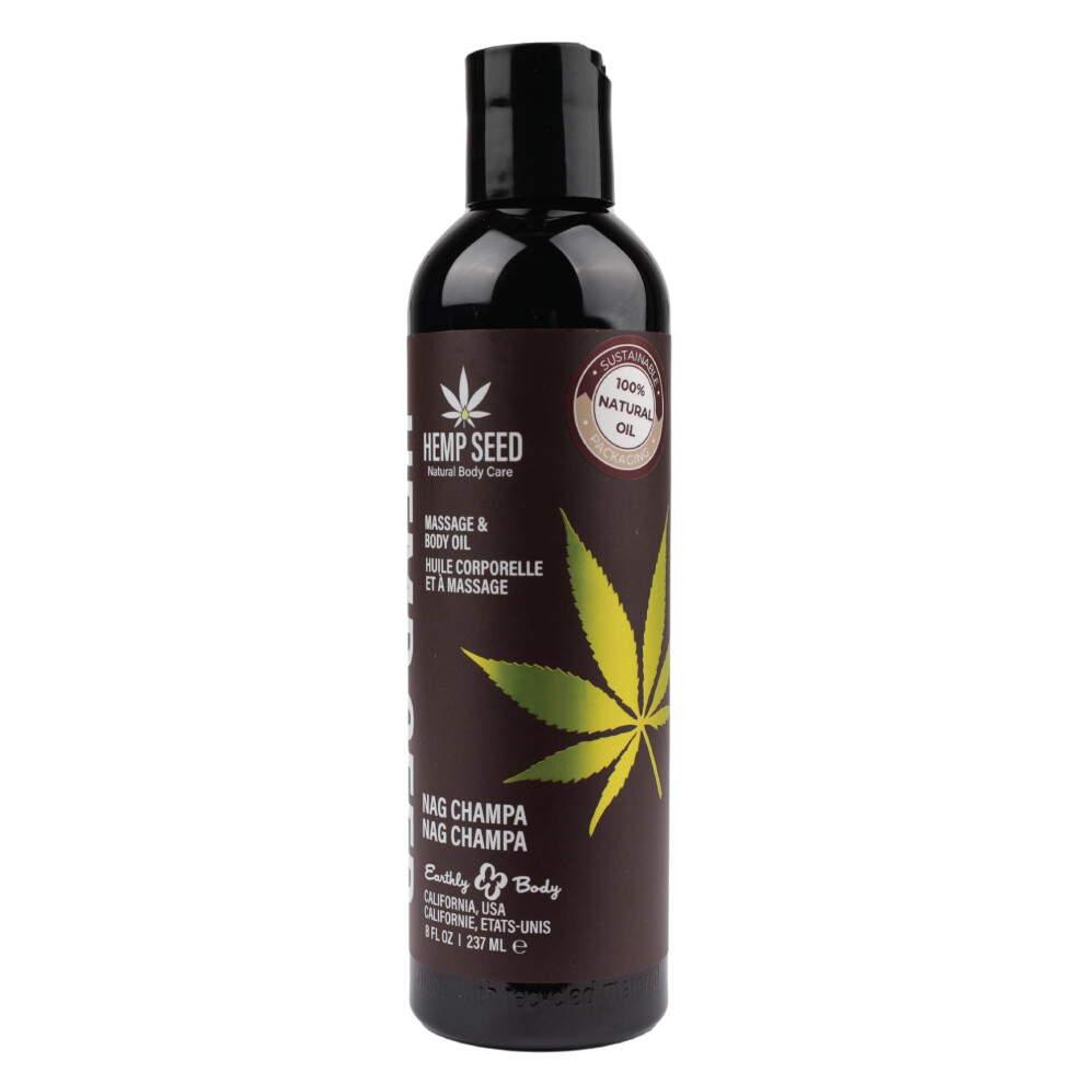 Earthly Body Hemp Seed Massage & Body Oil, Nag Champa Scent - 8 Fl. Oz. - Nourishing, Moisturizing Massage Oil - Apricot, Grapeseed & Sweet Almond Oil - Vegan & Cr