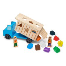 Melissa & Doug Vormsorterende houten dumptruck met 9 kleurrijke vormen en 2 speelfiguren Houten voertuigspeelgoed Vormsorteerspeelgoed voor peuters v