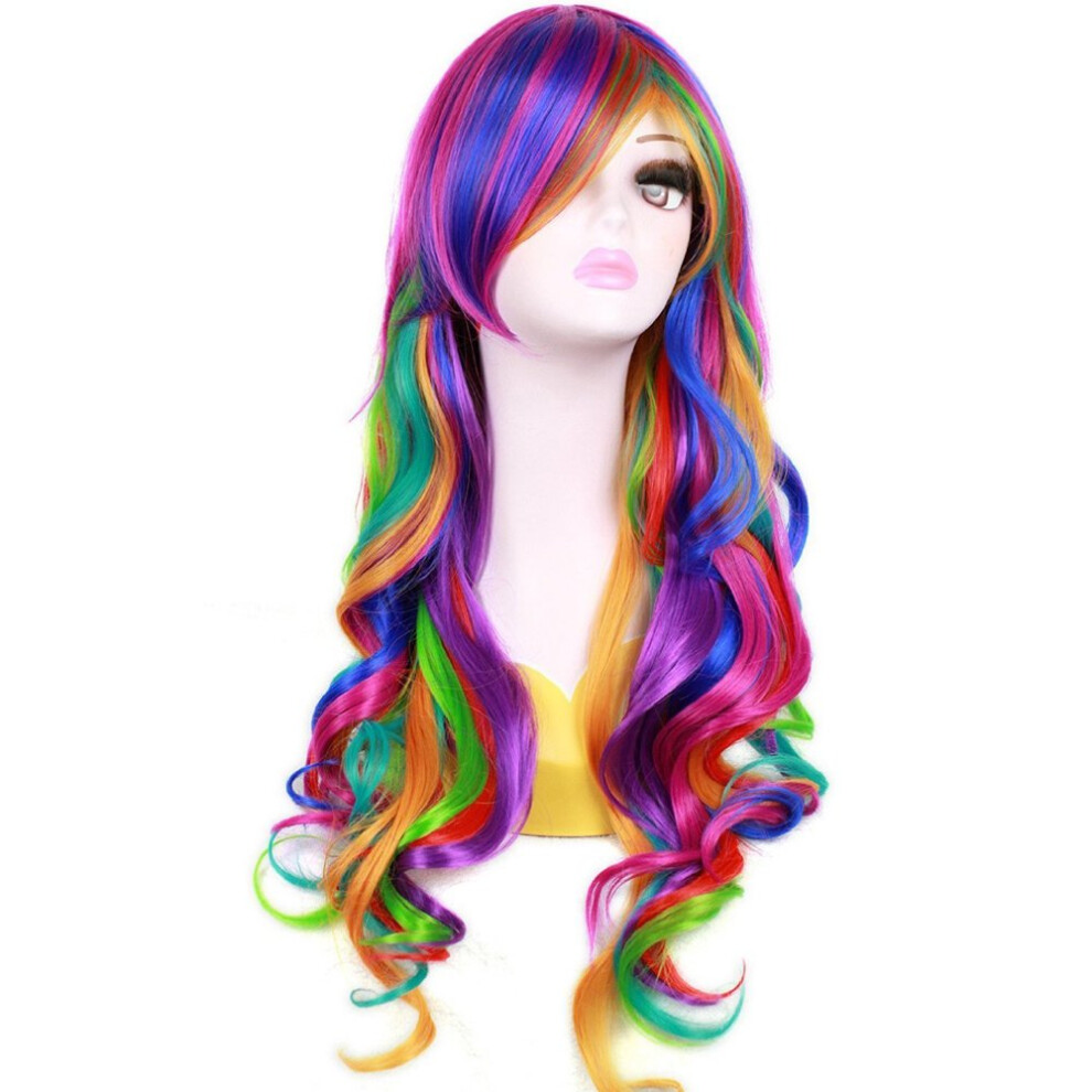 Juistaan Beron Rainbow Wig Long Curly Wig With Bangs For Women Colorful Wigs Long Wavy Rainbow Multi Colorful Wig With Wig Cap