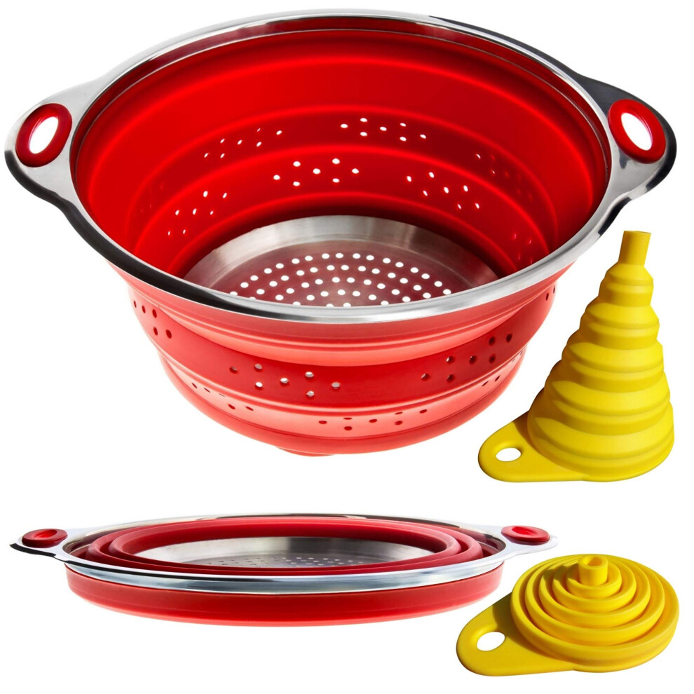 Passoire et entonnoir pliables     L'acier inoxydable rencontre le silicone rouge.