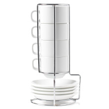 HUJI Stapelbare Porzellan-Espresso-Kaffeetassen und Untertassen mit verchromtem Gestell (110 ml)