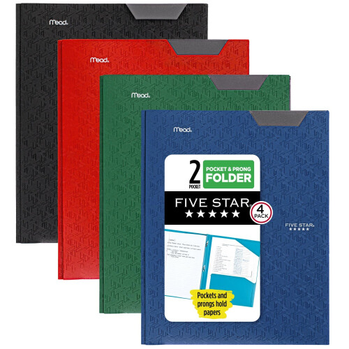 Five Star 2 Pocket Folders  4 Pack  Plastic Folders with Stay-Put Tabs