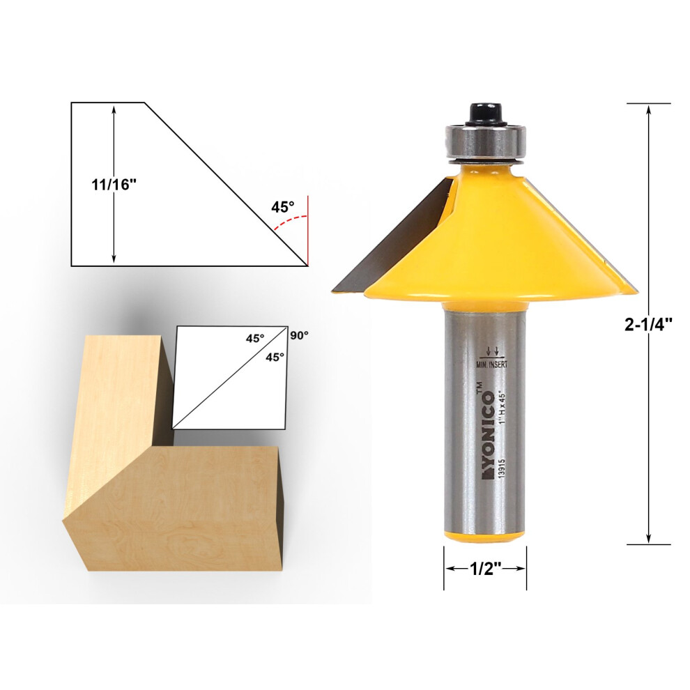 Yonico Chamfer Router Bits Bevel Edge Forming 45 Degree 1/2-Inch Shank 13915 603915014171