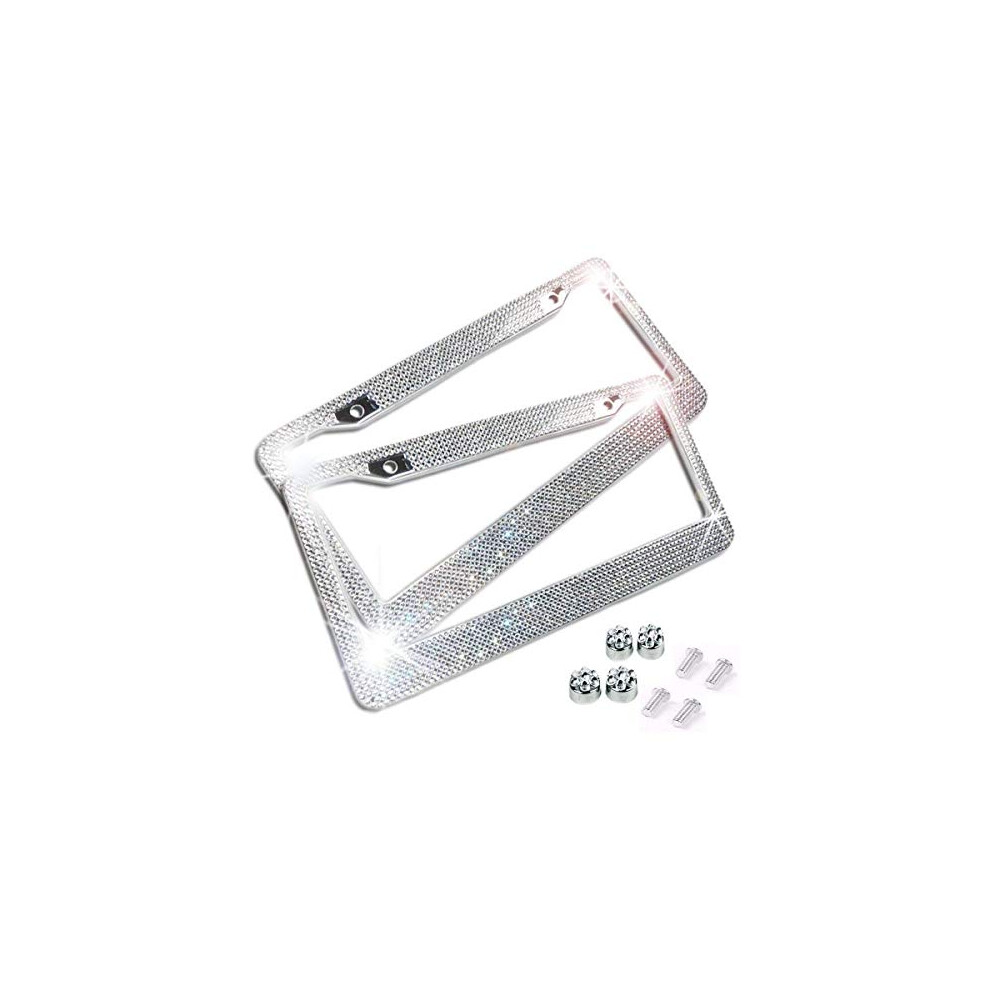 Clear/ Crystal Rhinestone License Plate Abs Chrome Frame With Crystal Screw Caps - Set Of 2 Frames White 643131970745