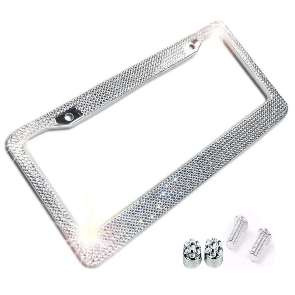 Clear Crystal Rhinestone License Plate Abs Chrome Frame With Crystal Screw Caps - 1 Frame White 643131970820