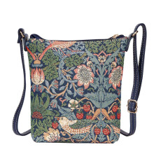 Signare Tapestry Liten Crossbody Väska för Kvinnor med Blomma och Fågel William Morris Strawberry Thief Blå Design