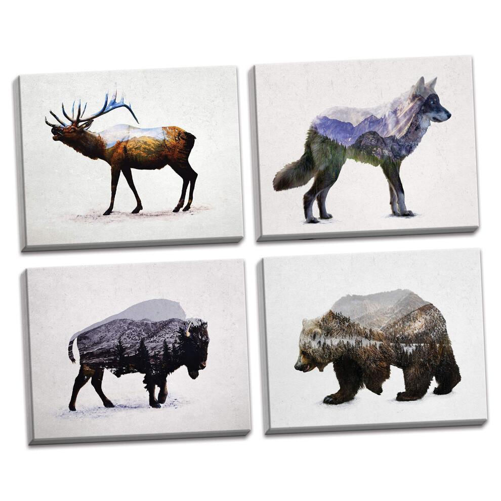 Ensemble de paysages rustiques     double exposition,    lans, bisons, loups et ours ; d   cor de cabane ; quatre toiles tendues de 14 x 11 po