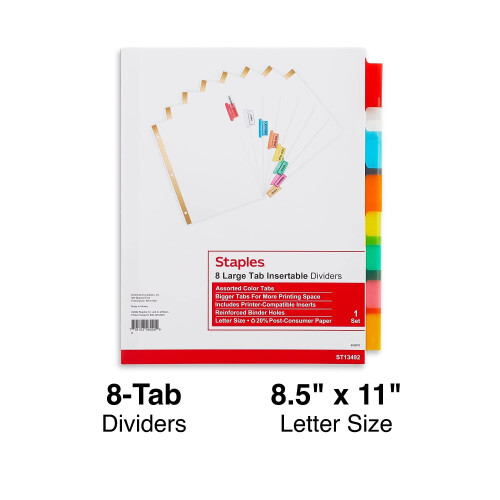 Staples Staples 462754 Big Tab Insertable Paper Divider 8-Tab Multicolor (13492/11123) 1
