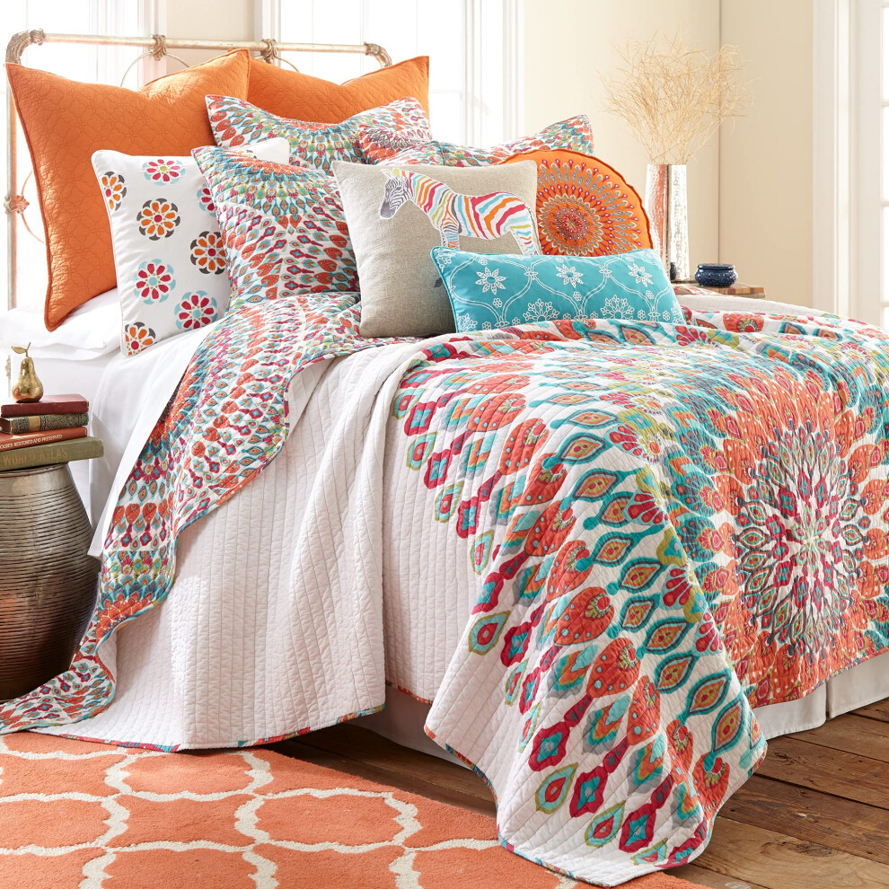 Levtex Home - Ensemble de courtepointe Mirage - Couette Queen + deux taies d'oreiller standard - M   daillon - Bleu sarcelle, orange, rouge, vert,