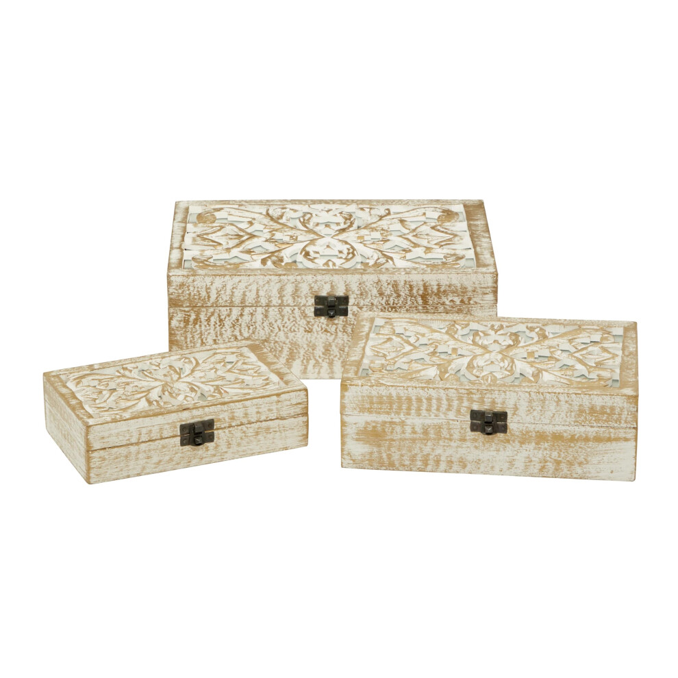 Caja Decorativa Deco 79 De Madera De Mango Con Dise O Floral, Hecha A Mano, Con Tapa Abatible. Juego De 3 Cajas De Almacenamiento, 20,32 Cm, 25,4-image